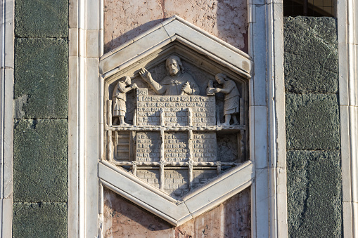 The Art of Architectural Development from Pisano on Giotto's Bell Tower in Florence at Tuscany, Italy