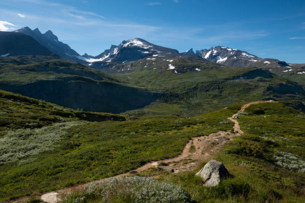Scenic view on green valleys and mountain sides with snowy peaks along the scenic Sognefjellet road stock photo
