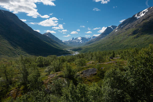 Scenic view on green valleys and mountain sides with snowy peaks along the scenic Sognefjellet road stock photo