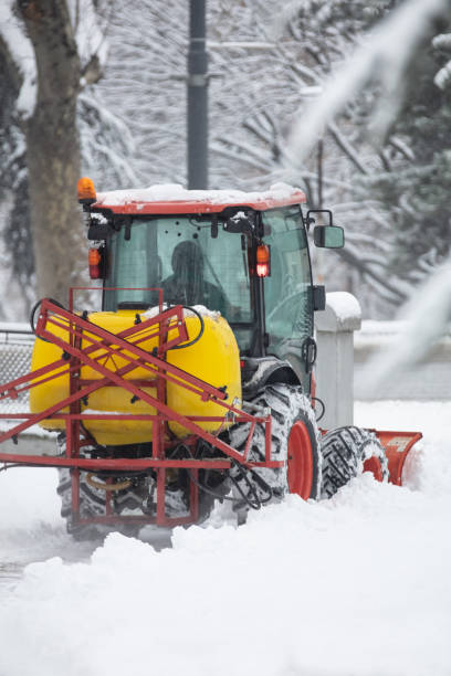istock Tractor cleaning urban park paths on a cold snowy day. 1452483813