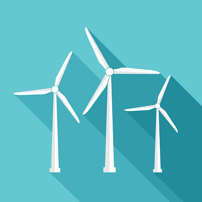 Wind turbine icon with flat design style with shadow. Renewable energy concept with windmill silhouette.