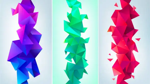 Vector illustration of Vector set of abstract geometric 3d facet, crystal, polygon shapes. Use for banners, web, brochure, ad, poster, etc. Low poly modern style background