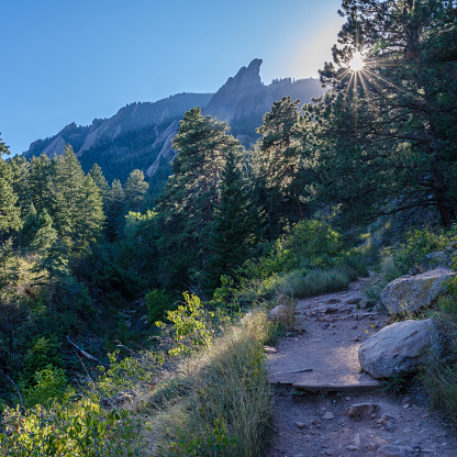 A Mountain Trail Near The Flatirons In Boulder, Colorado, With The Devil's Thumb Visible