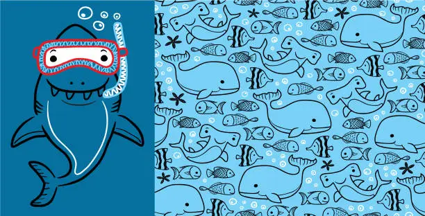 Vector illustration of Seamless pattern vector of marine animals cartoon with funny shark wearing diving goggles