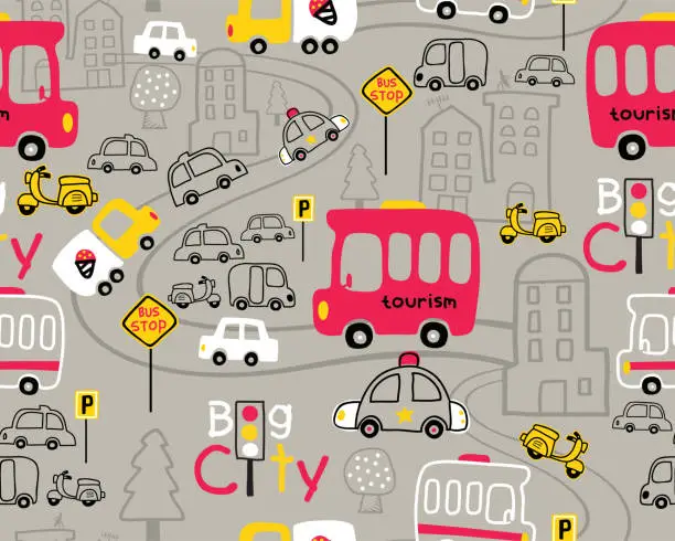 Vector illustration of Seamless pattern vector with vehicles cartoon in city road