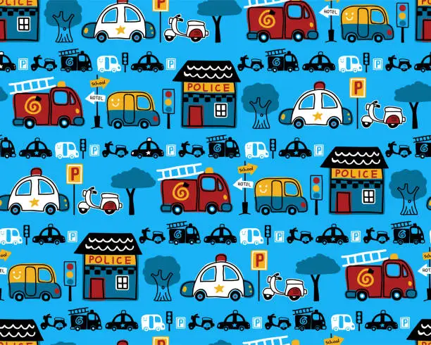 Vector illustration of Seamless pattern vector of rescue vehicles cartoon, traffic signs, police station