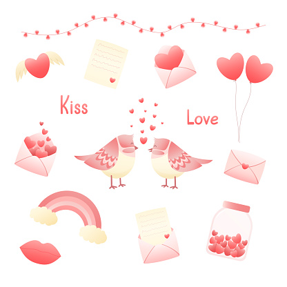 Valentine day decoration set with cartoon birds, hearts, balloons, letters, envelopes, lights, rainbow. Vector illustration