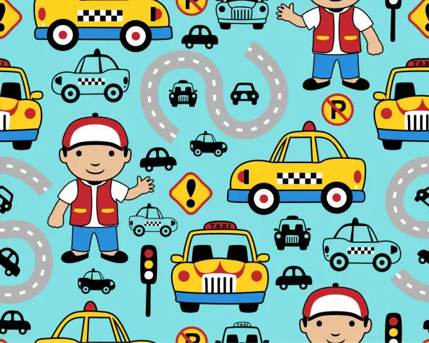 Vector illustration of Seamless pattern vector of vehicles cartoon with funny taxi driver. Traffic elements cartoon