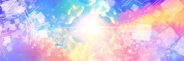 широкоформатная фантазийная пейзажная иллюстрация красивого небесного входа с геометрическими текстурами, сияющими божественно сквозь р - space exploding big bang star stock illustrations