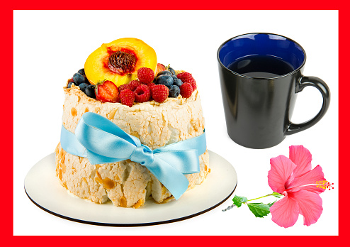 Meringue cake with fruits and berries, a cup of coffee isolated on a white background. Collage.