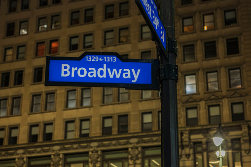Beautiful view of city at night and Broadway sign at intersection of West 34th street. New York. USA.