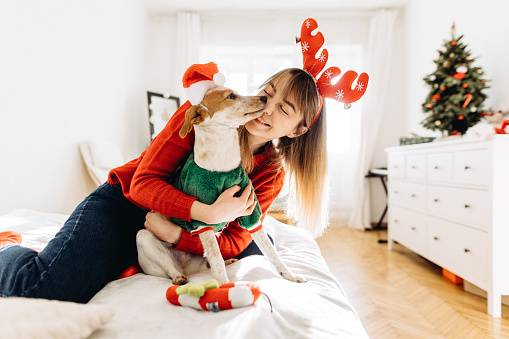 The cheerful beautiful woman wearing in an red antlers lovely cuddling her cute dog wearing in a Santa hat, playing together in the cozy bright sunny room at home on the Christmas time