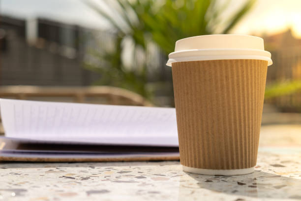 Unrecognizable Young woman study in beach resort. Drinking coffee from paper cup. Student making homework Female hands writing on notebook gratitude journal self reflection self discovery in Co-Working Space. Goals, to-do list Remote