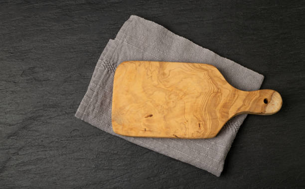 istock Old Wood Cutting Board Mockup, Vintage Chopping Board Background, Rustic Napkin, Empty Cut Desk Top View 1452497782