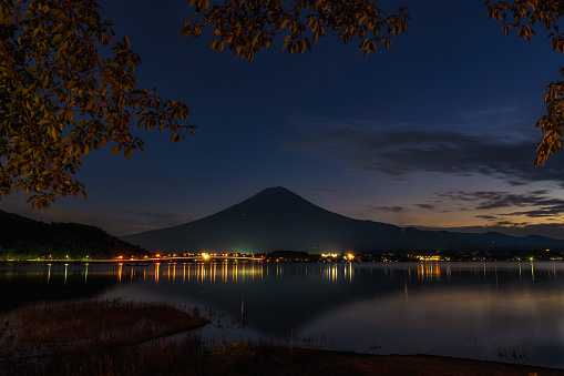 Fuji Mountain Reflection and Leaves, Kawaguchiko Lake, Japan.