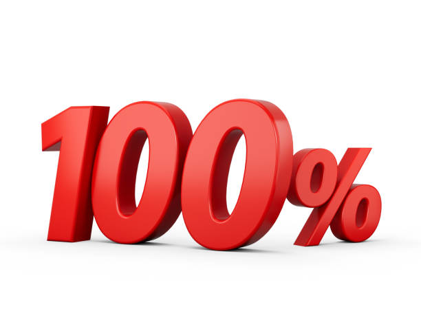 3d red 100% hundred percent sign on white background 3d illustration - 100 percent fotos imagens e fotografias de stock