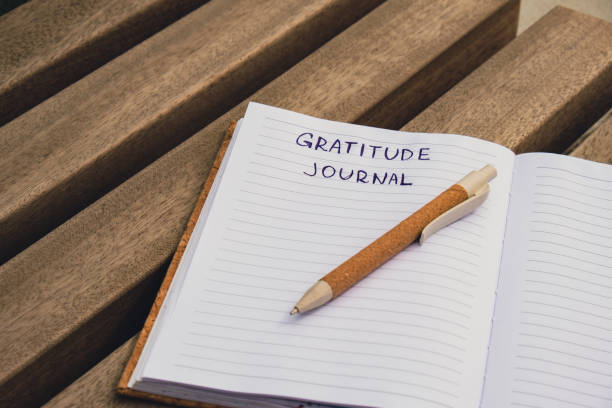 istock Writing Gratitude Journal on wooden bench. Today I am grateful for. Self discovery journal, self reflection creative writing, self growth personal development concept. Wellbeing spiritual health, being mindful, holistic health practices 1452499455