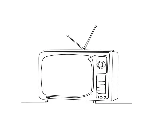 Vector illustration of Continuous one line drawing of vintage analog television. Simple Retro TV hand drawn vector illustration.