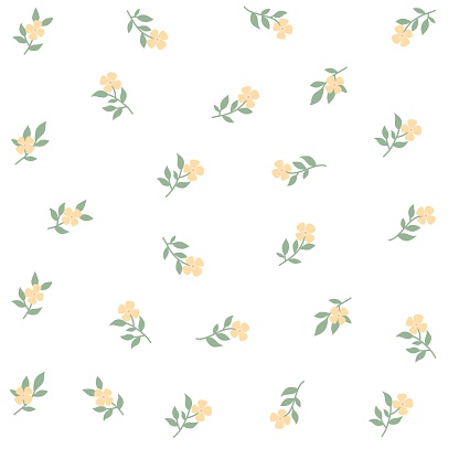 Cute floral seamless pattern. Set of tiny abstract isolated yellow flowers with green leaves on the white background.