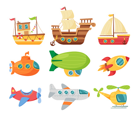 Cartoon Transportation Modes in Cute Childish Style. Ship, Yacht or Sailboat, Submarine and Dirigible. Rocket, Airplane and Helicopter Transport, Children Design Graphics. Vector Illustration