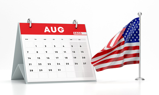 2023 August Calendar And USA Flag On White Background