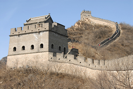 wide angle view of an empty Great wall of China at the afternoon. Steps and towers at the Jinshanling Section