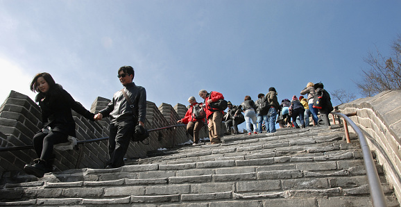 The Great Wall of China. People walking on the section of the Great Wall at Juyongguan near Beijing. The Great Wall of China is a UNESCO World Heritage Site.