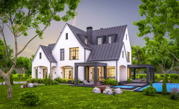 istock 3d rendering of white and black modern Tudor house in evening 1452503521