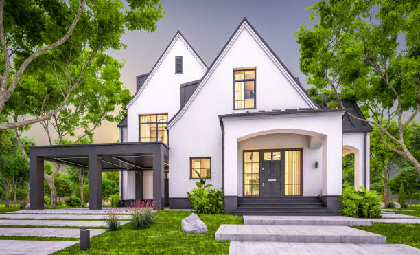 istock 3d rendering of white and black modern Tudor house in evening 1452503555