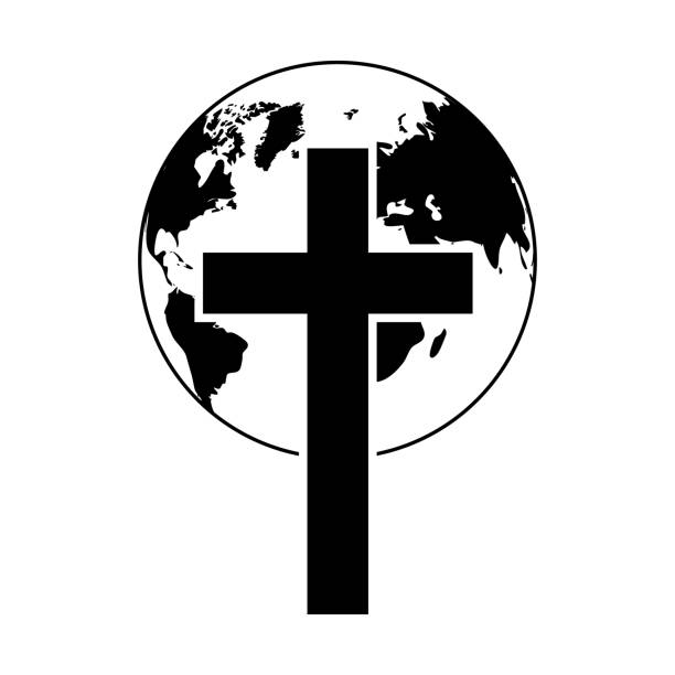 Christian cross with globe icon. Black religion logo. Vector illustration. Christian cross with globe icon. Black religion logo. Vector illustration. Abstract christian logo modern church logos stock illustrations