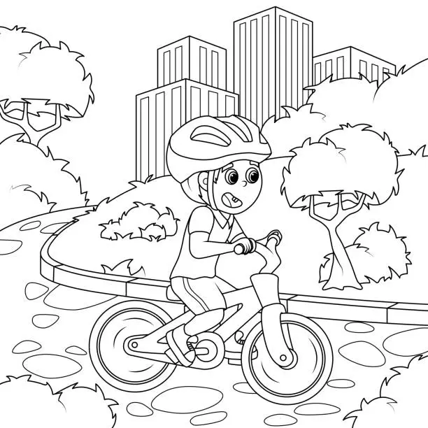 Vector illustration of The boy rides a bicycle in the park.