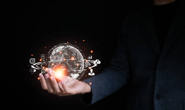 istock Businessman hand holding virtual Global Internet connection metaverse. Business strategy global internet connection application technology and digital marketing, Financial and banking, cloud big data, 1452503959