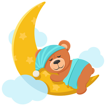 The bear sleeps under a blanket on the moon. Character