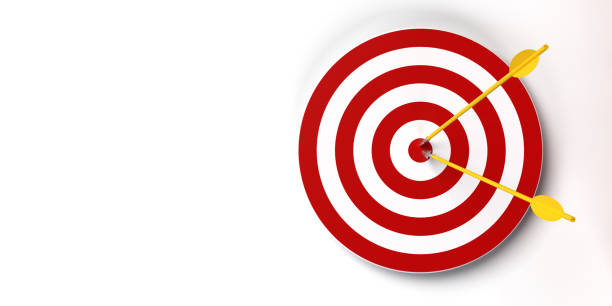 istock Two arrows hit to center of red dartboard, front view 1452507364
