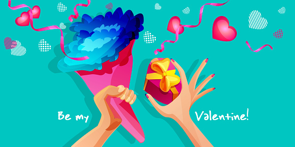 Happy Valentine's Day in cartoon style. Hands of loved ones of different races hold valentine cards on an colored abstract background.