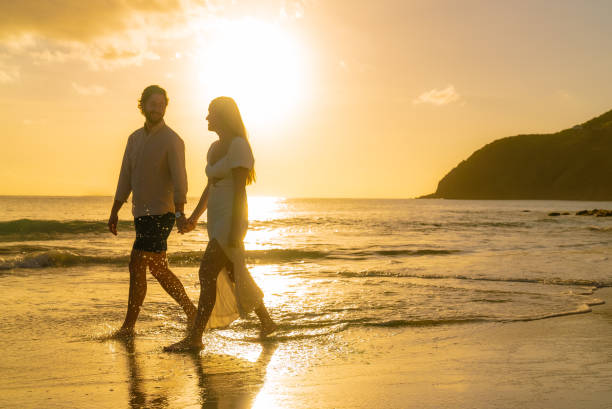 istock Romantic couple walking on beach during the sunset 1452510689