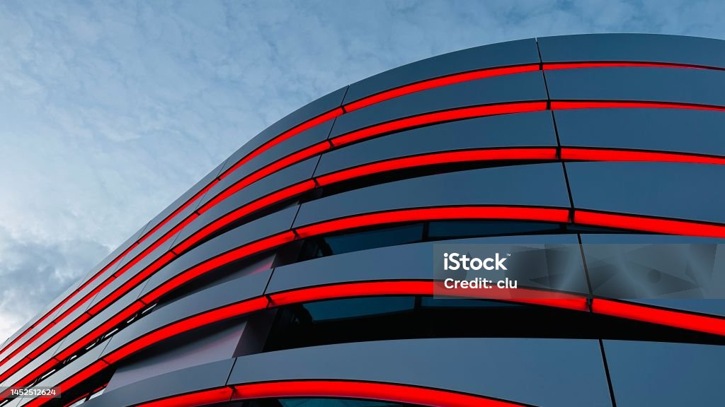 Red Rounded Buildings Abstract Building Facade With Red Illuminated Stripes Stock Photo ...