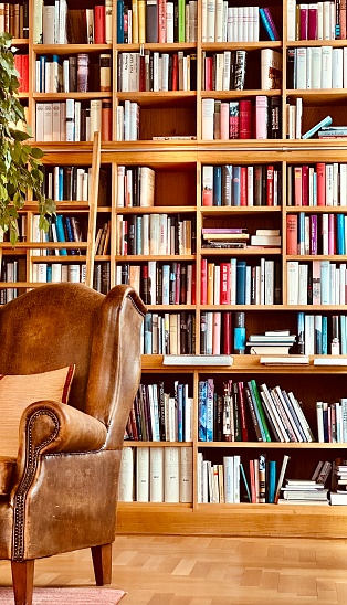 Library, leather armchair and fully packed wooden shelves