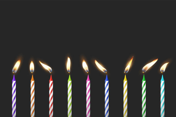 Vector 3d Realistic Paraffin or Wax Burning Birthday Party Candle and Different Flame of a Candle Icon Set Isolated on Black Background. Design Template, Clipart, Birthday Concept Vector 3d Realistic Paraffin or Wax Burning Birthday Party Candle and Different Flame of a Candle Icon Set Isolated on Black Background. Design Template, Clipart, Birthday Concept. birthday candle stock illustrations