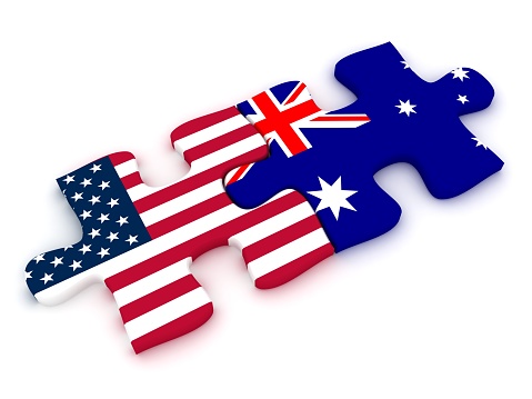 USA and EU puzzle from flags. Relations between the two countries