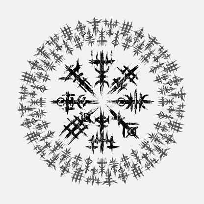Black grunge viking design elements isolated on white background. Norse mythology symbols circle pattern