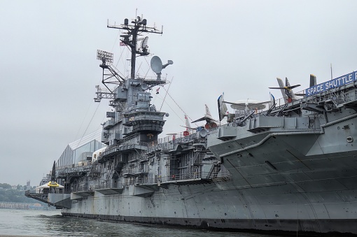 New York, United States – October 04, 2013: The huge Intrepid Sea, Air and Space Maritime Military Museum ship in the Hudson river