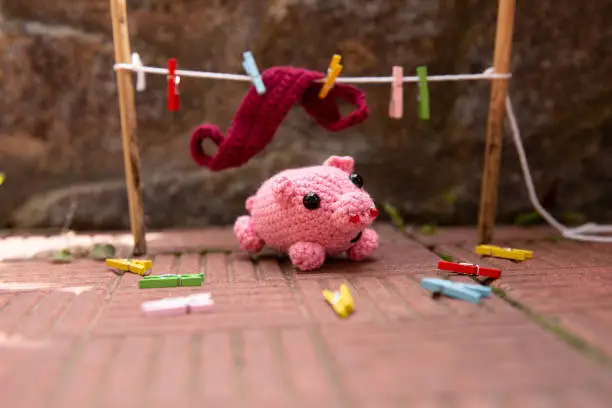 knitted pink minipig opposite clothespins and things