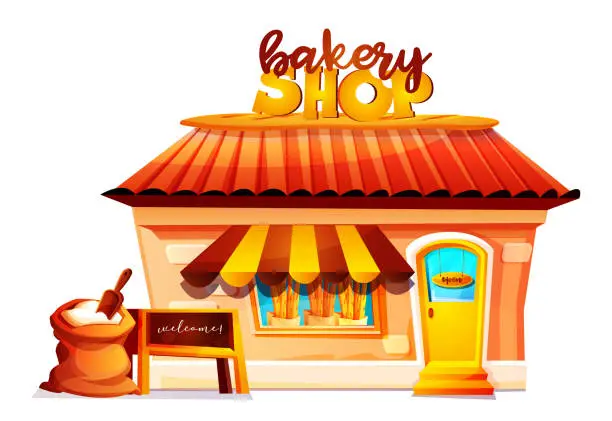 Vector illustration of Bakery building in cartoon style. Beautiful home bakery with a sign on an isolated white background.