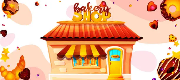 Vector illustration of Bakery building in cartoon style. Beautiful homemade bakery with pastries on a white abstract background.