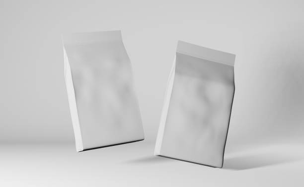 istock Floating pouch bags coffee beans branding 3D rendering. Merchandise packaging logo design promo. Shop sale demonstration 1452519964