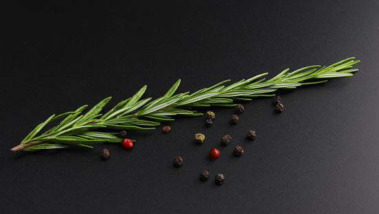 Sprig of fresh rosemary and colorful peppers on black background