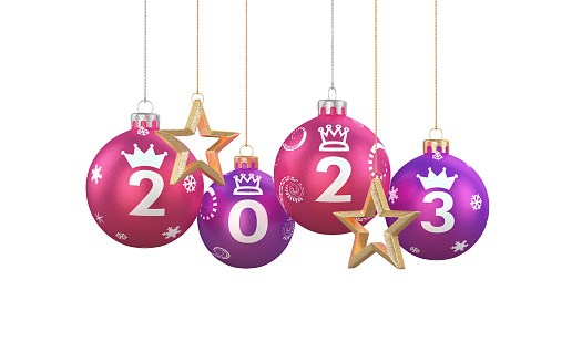 3d Render Multi Colored Christmas Decorations 2023 New Year concept. Clipping Path on White Background (isolated on white)