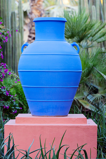 blue vase in the Majorelle garden in Marrakech, Morocco