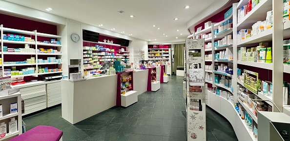 Marbach, Germany - view of a modern pharmacy interior.